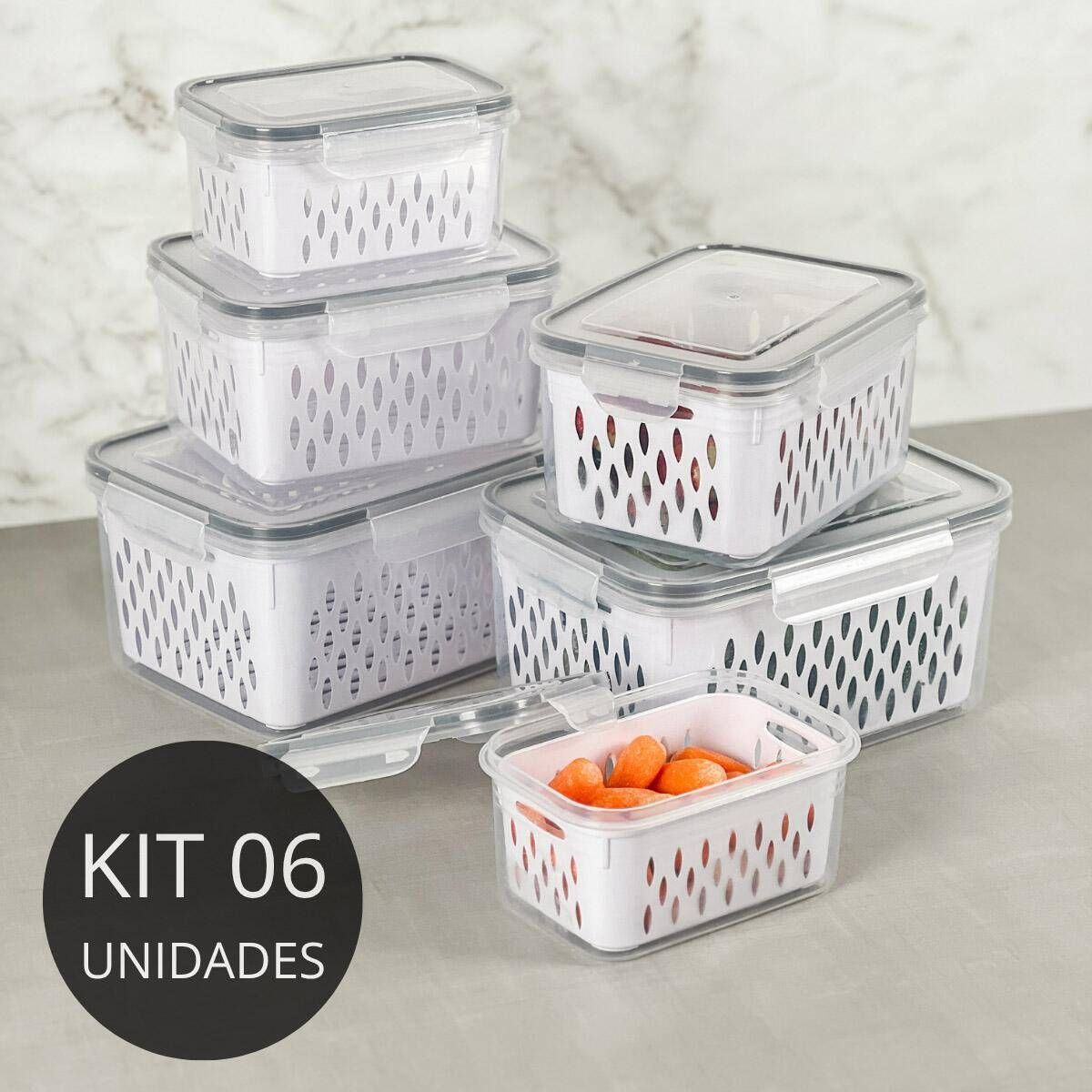 Kit 6 Potes Herméticos Com Cesto Escorredor Branco Plástico