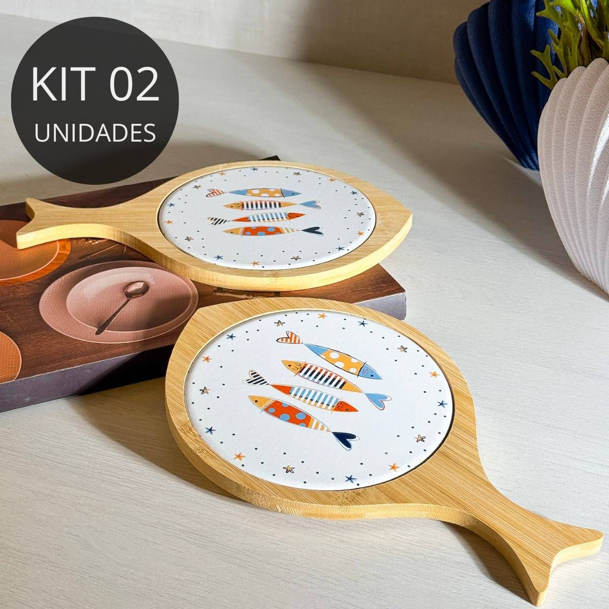 Kit 2 Tábuas Formato de Peixe em Bambu e Cerâmica - Coleção Peixes