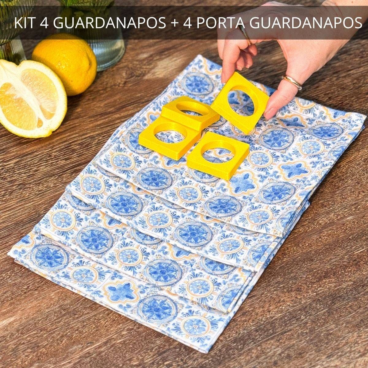 Kit 4 Guardanapos + 4 Porta Guardanapos Limão Mediterrâneo