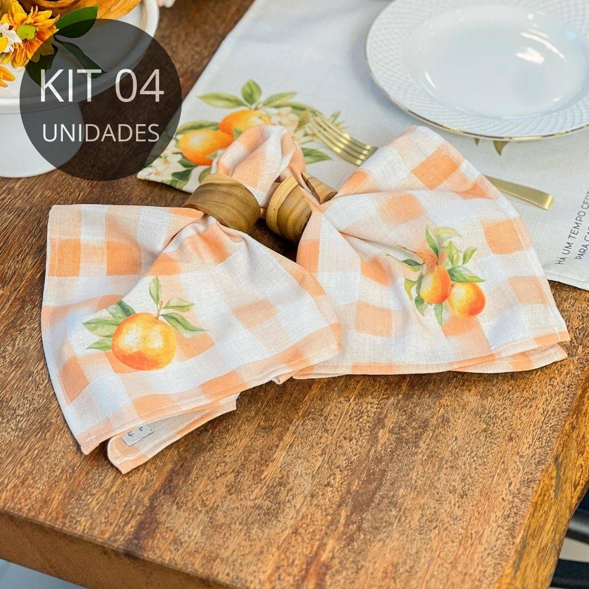 Kit 4 Guardanapos de Linho Xadrez Coleção Colheita - Laranjas