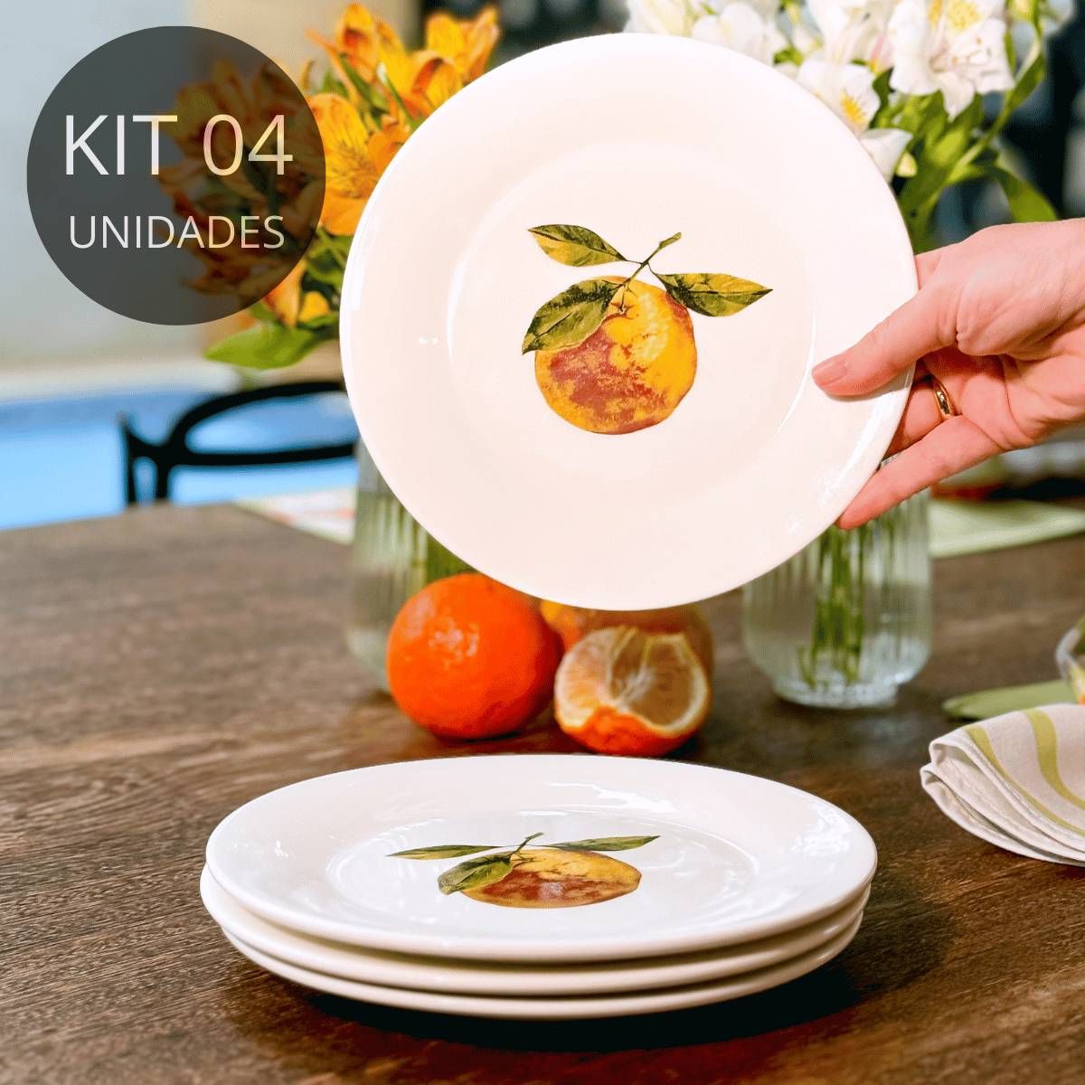 Kit 4 Pratos de Sobremesa de Porcelana Tangerina - Coleção Tangerinas