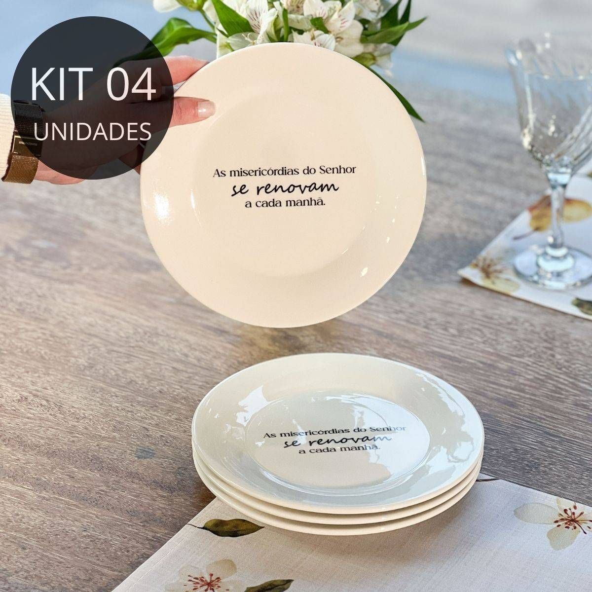 Kit 4 Pratos de Sobremesa Frase "As misericórdias do Senhor..."