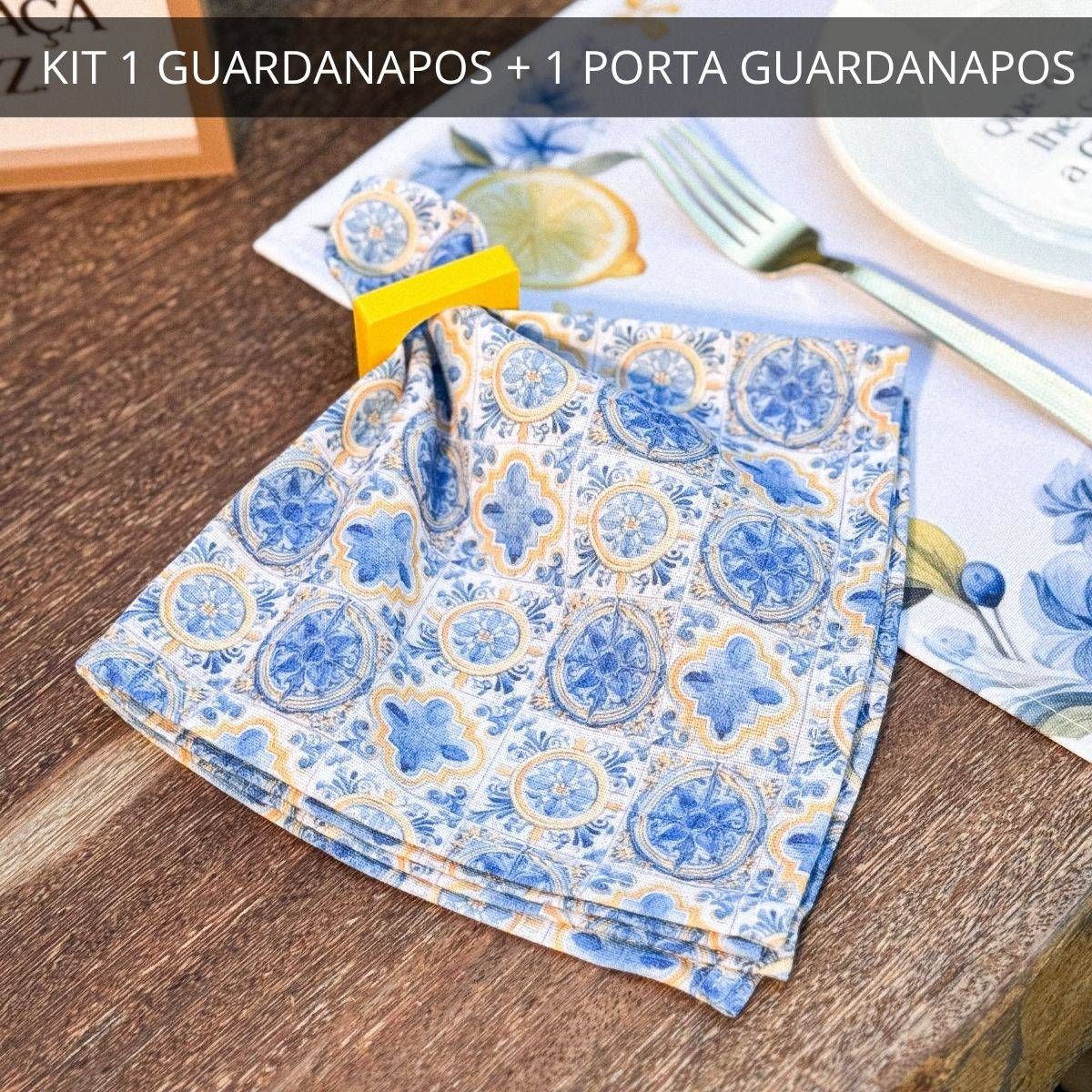 Kit 1 Guardanapo + 1 Porta Guardanapo Limão Mediterrâneo