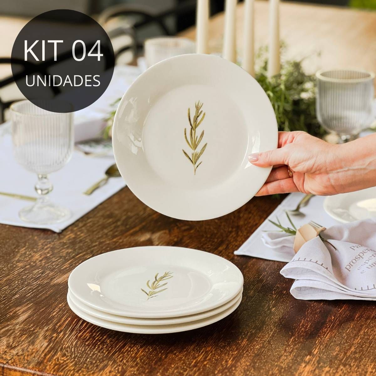 Kit 4 Pratos de Sobremesa de Porcelana - Coleção Alecrim