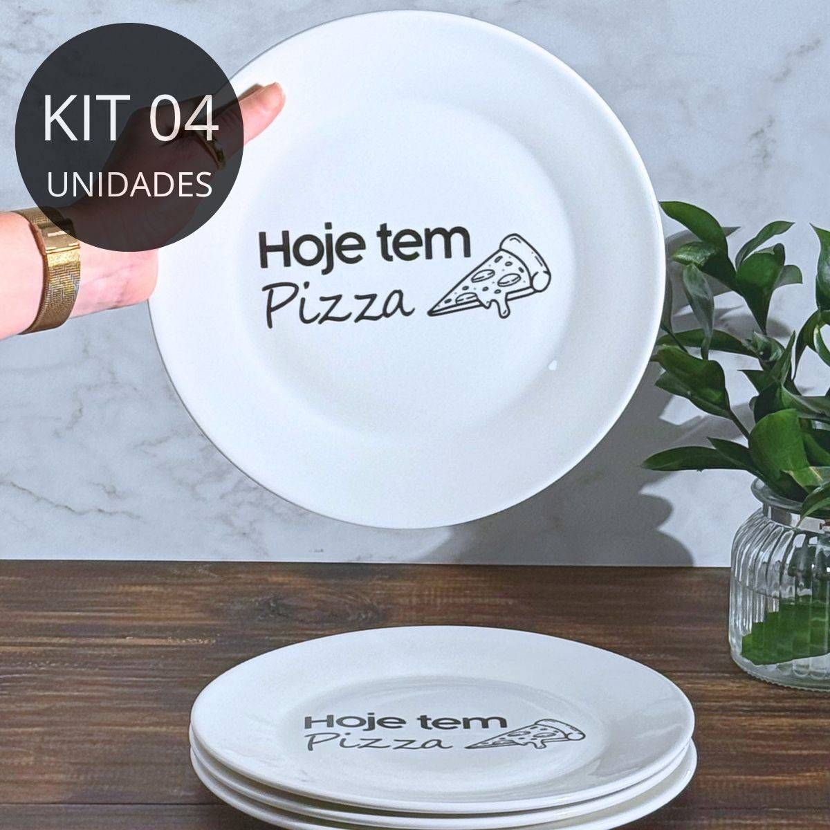 Kit 4 Pratos Raso De Porcelana ''Hoje tem Pizza" - 25cm