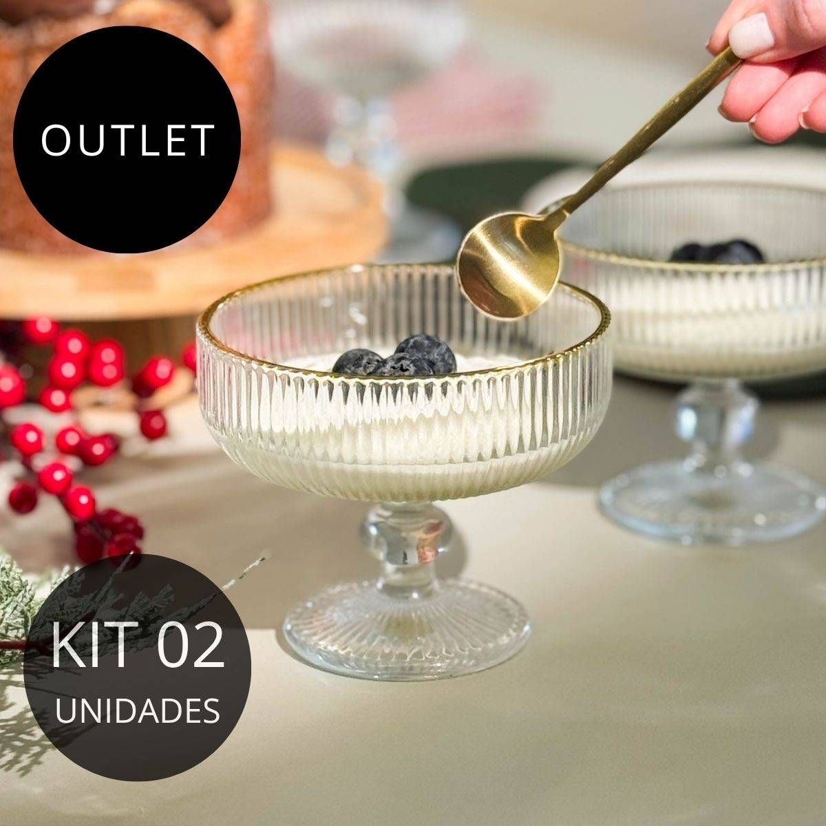 OUTLET Jogo 2 Taças de Vidro para Sobremesa Lines Fio de Ouro 320ml