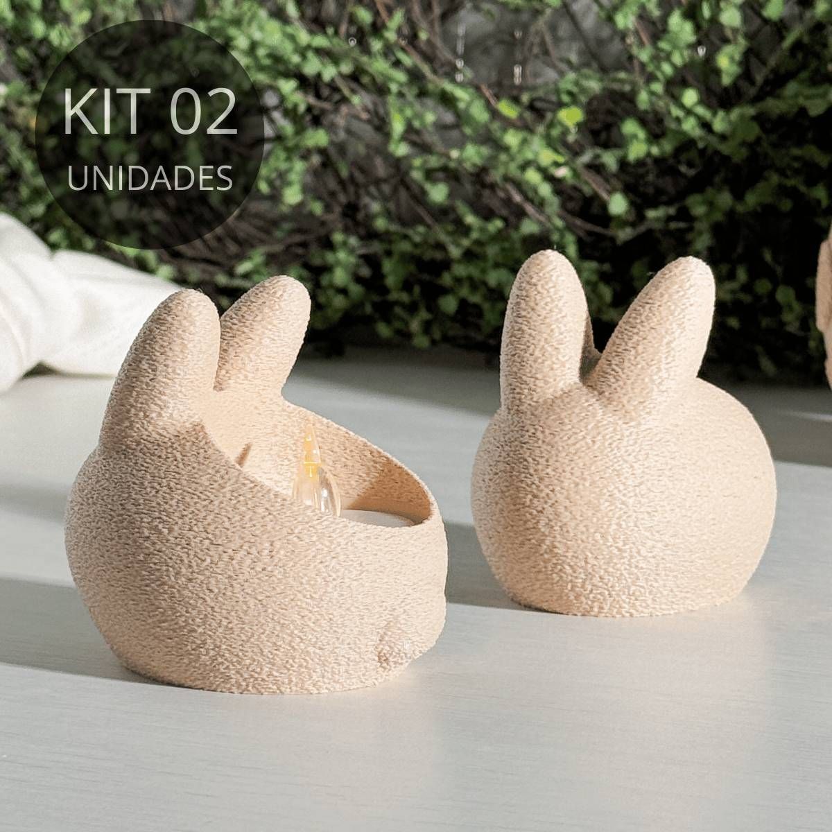Kit 2 Porta Velas Coelhos Texturizados Minimalistas - Bege