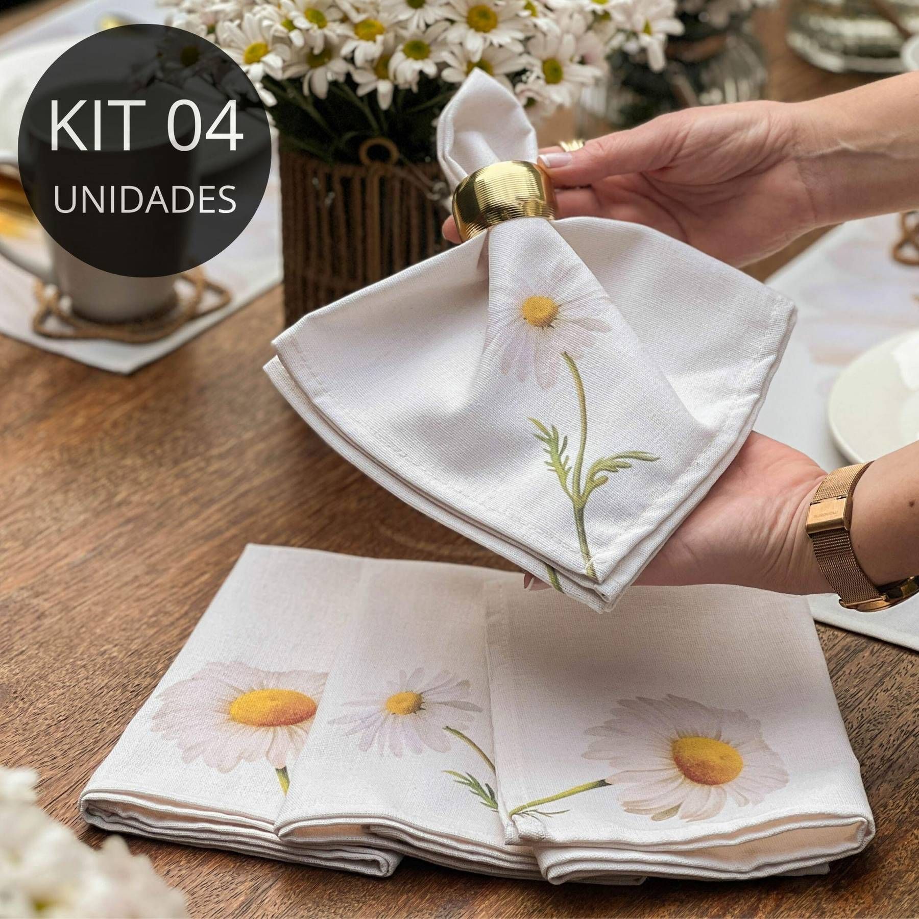 Kit 4 Guardanapos em Linho Misto - Coleção Margaridas