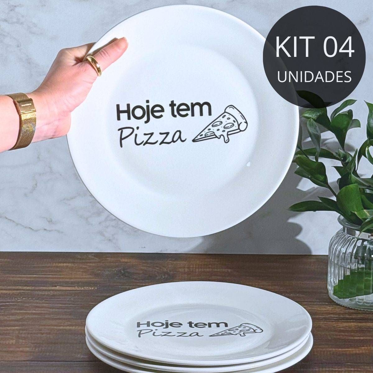 Kit 4 Pratos Raso De Porcelana ''Hoje tem Pizza" - 25cm
