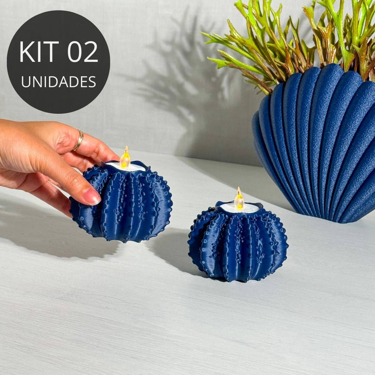 Kit 2 Porta Velas Ouriço do Mar Azul Marinho - Coleção Peixes