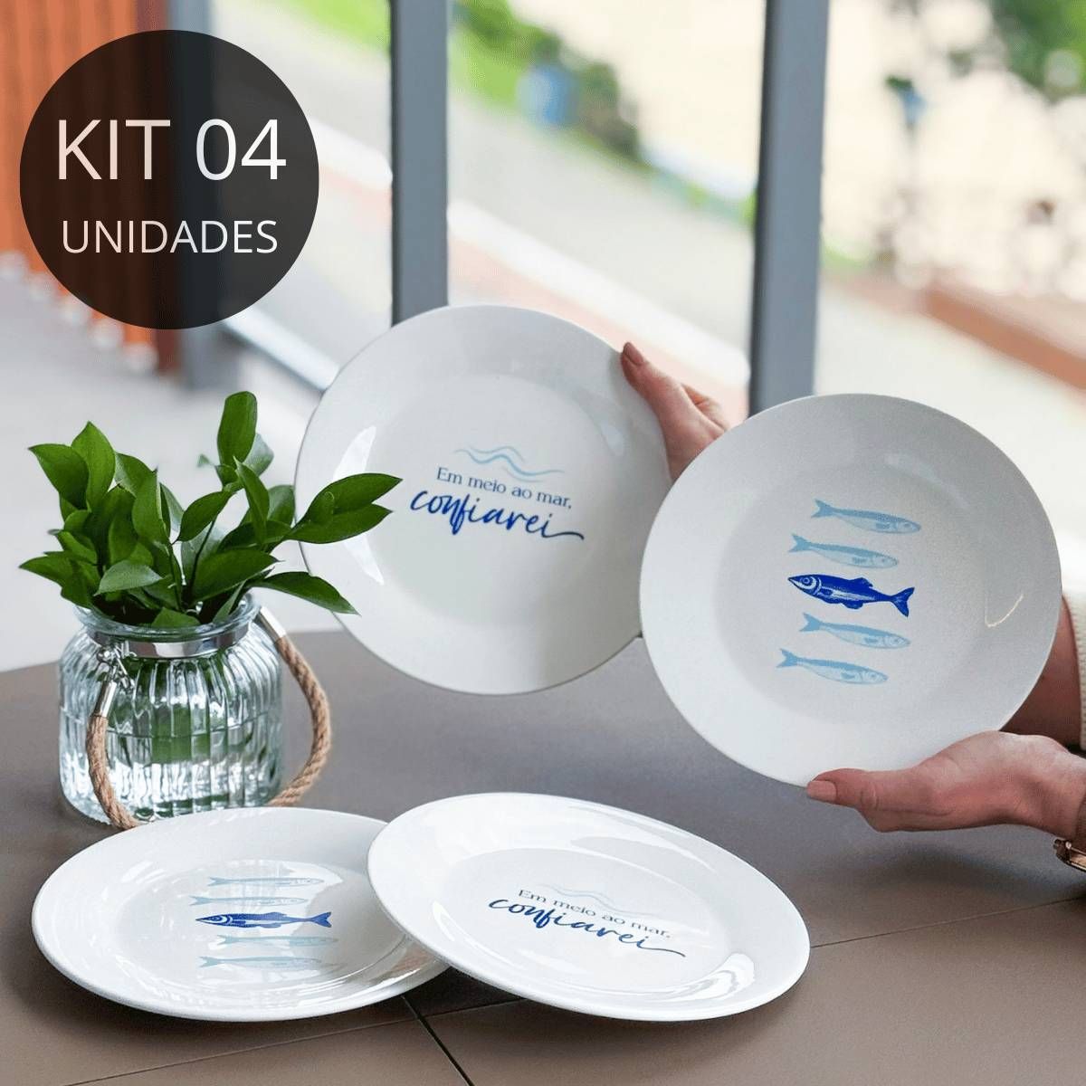 Kit 4 Pratos de Sobremesa de Porcelana Peixe e Mar - Coleção Peixes