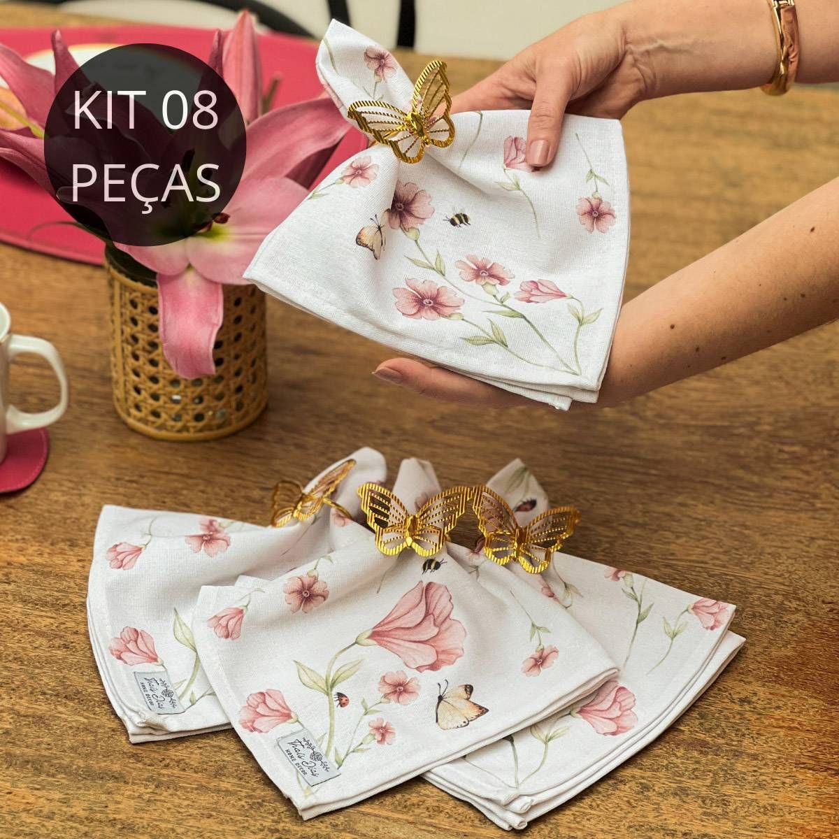 Kit 4 Guardanapos + 4 Porta Guardanapos - Jardim Regado