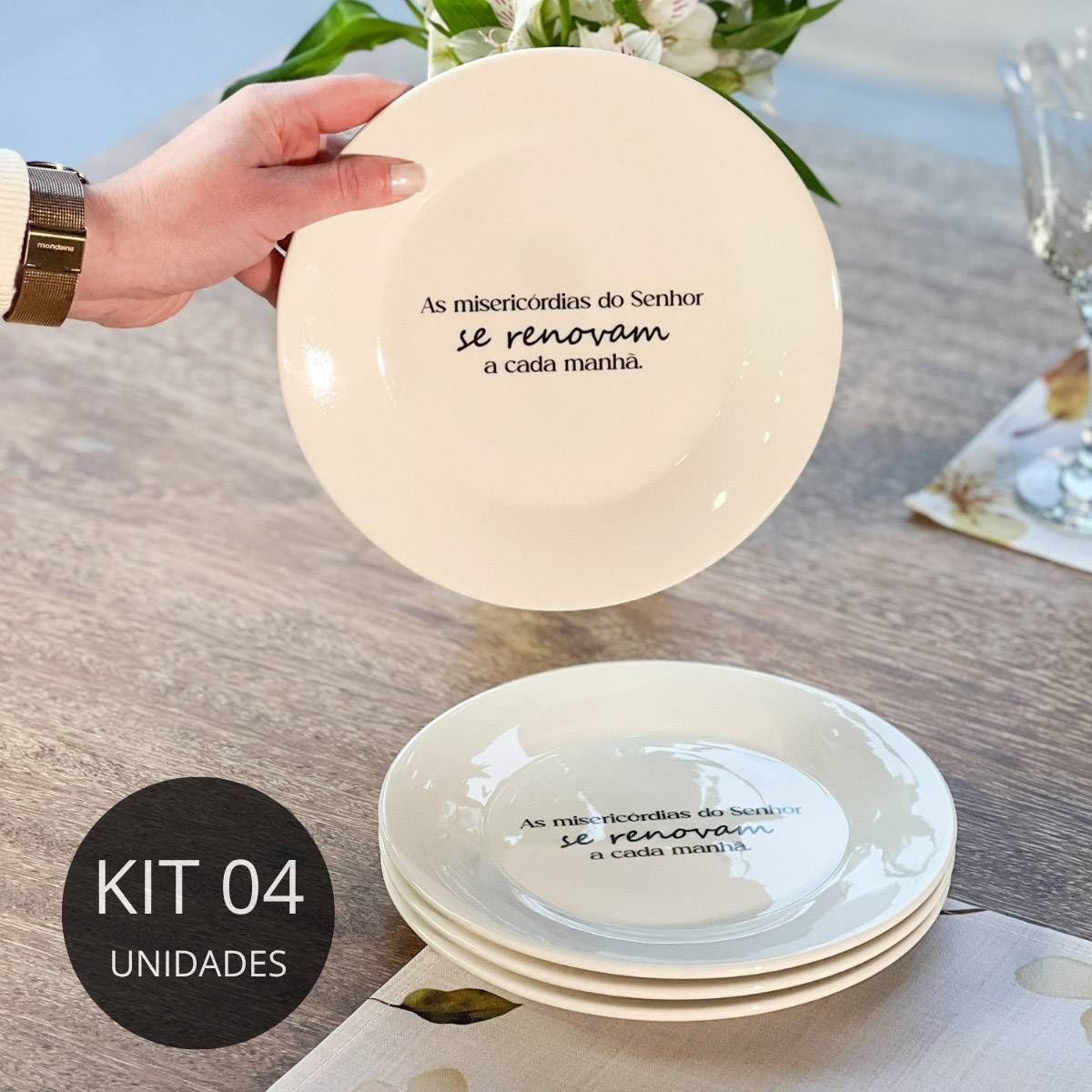 Kit 4 Prato de Sobremesa Frase "As misericórdias do Senhor"