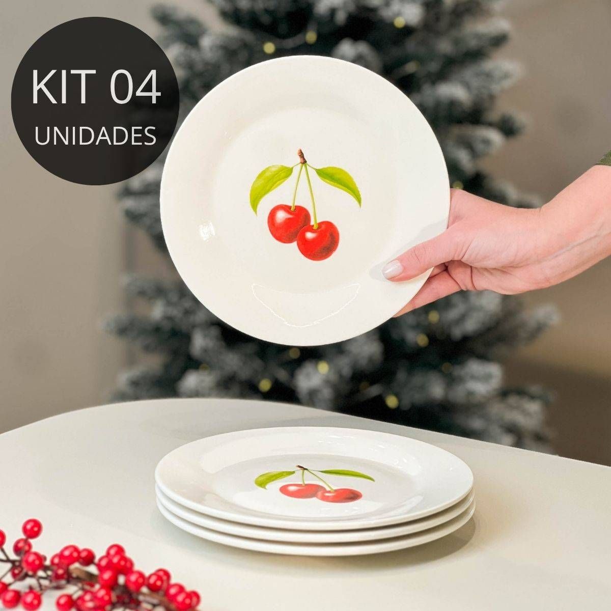 Kit 4 Pratos de Sobremesa de Porcelana - Coleção Cerejas