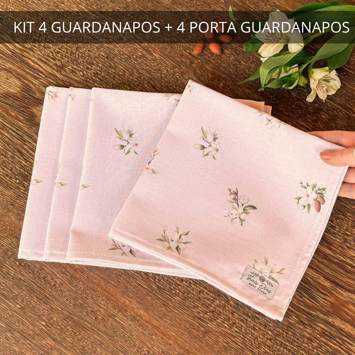 Kit 4 Guardanapos + 4 Porta Guardanapos - Coleção Amêndoas