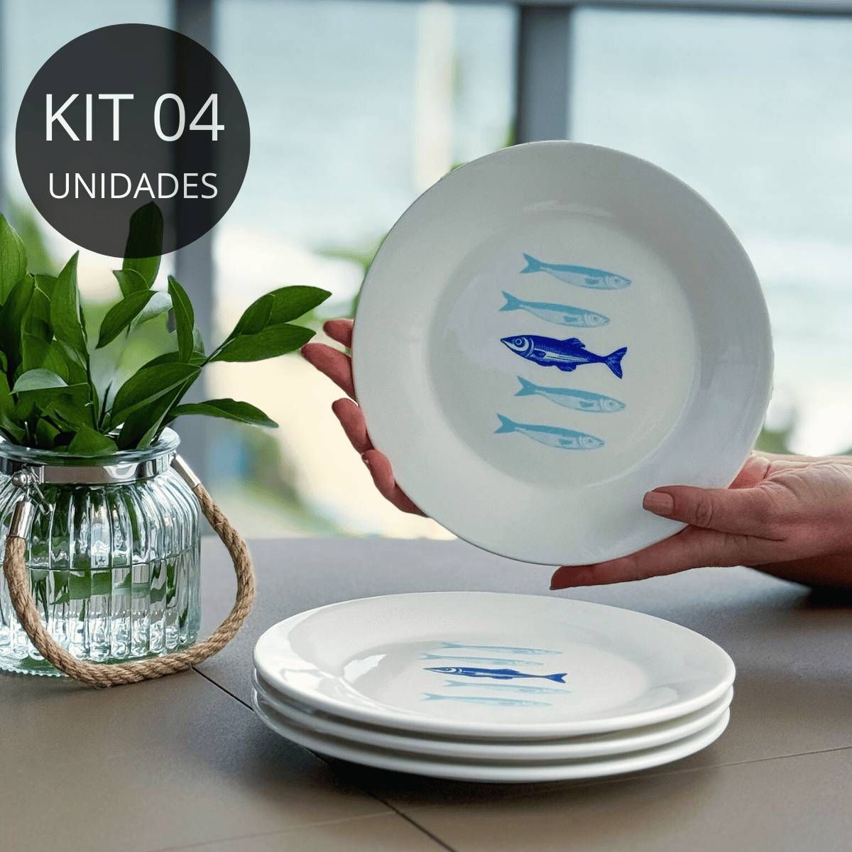 Kit 4 Pratos de Sobremesa de Porcelana Peixes - Coleção Peixes