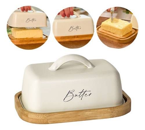 Porta Manteiga Base Bambu Com Tampa De Metal Escrita Butter