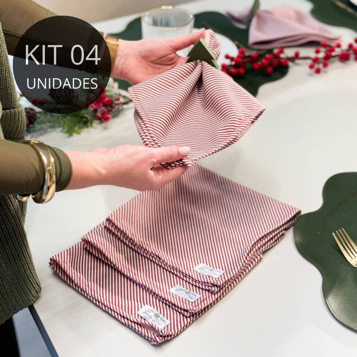 Kit 4 Guardanapos Listras Vermelho em Linho Misto - Coleção Emanuel