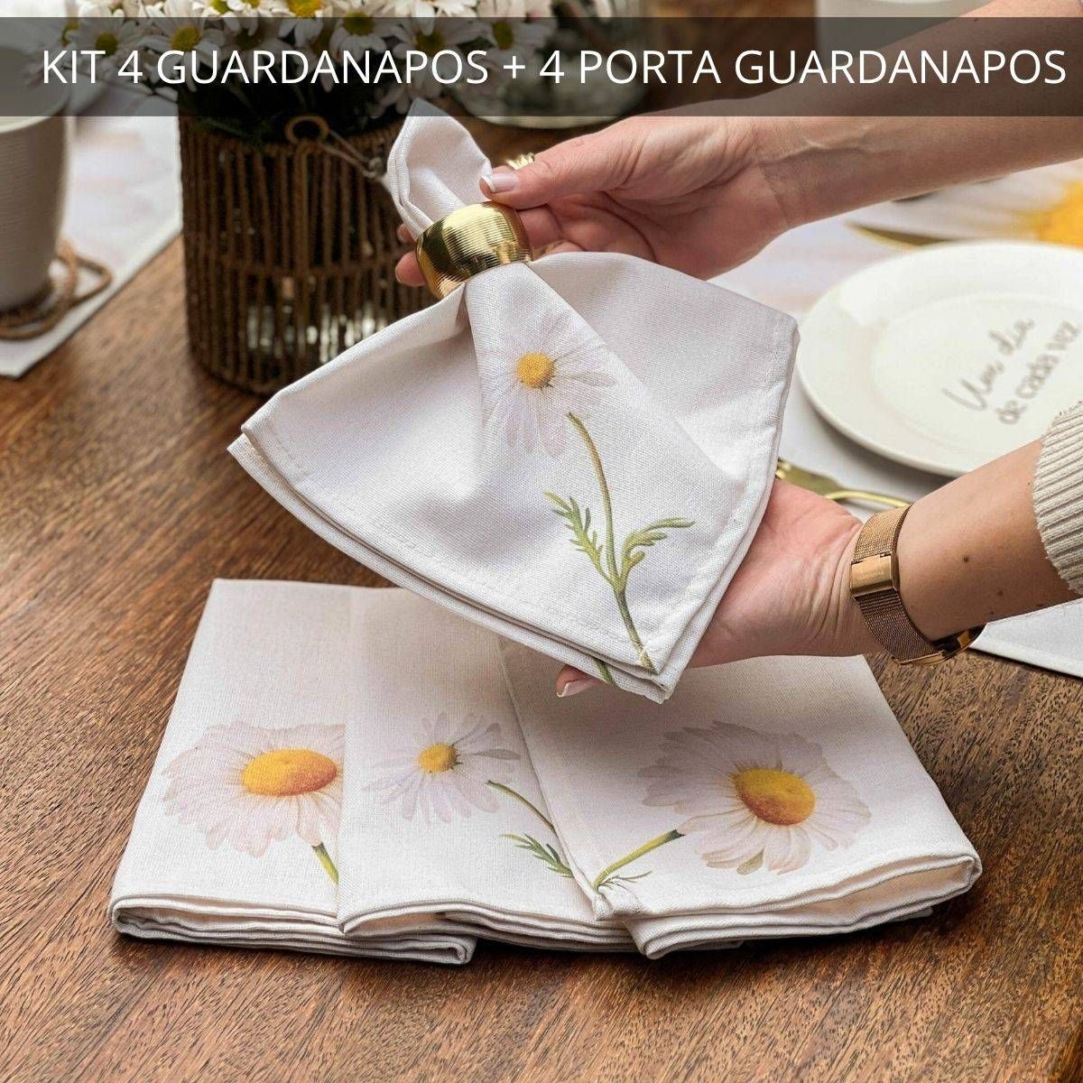 Kit 4 Guardanapos + 4 Porta Guardanapos Coleção Margaridas
