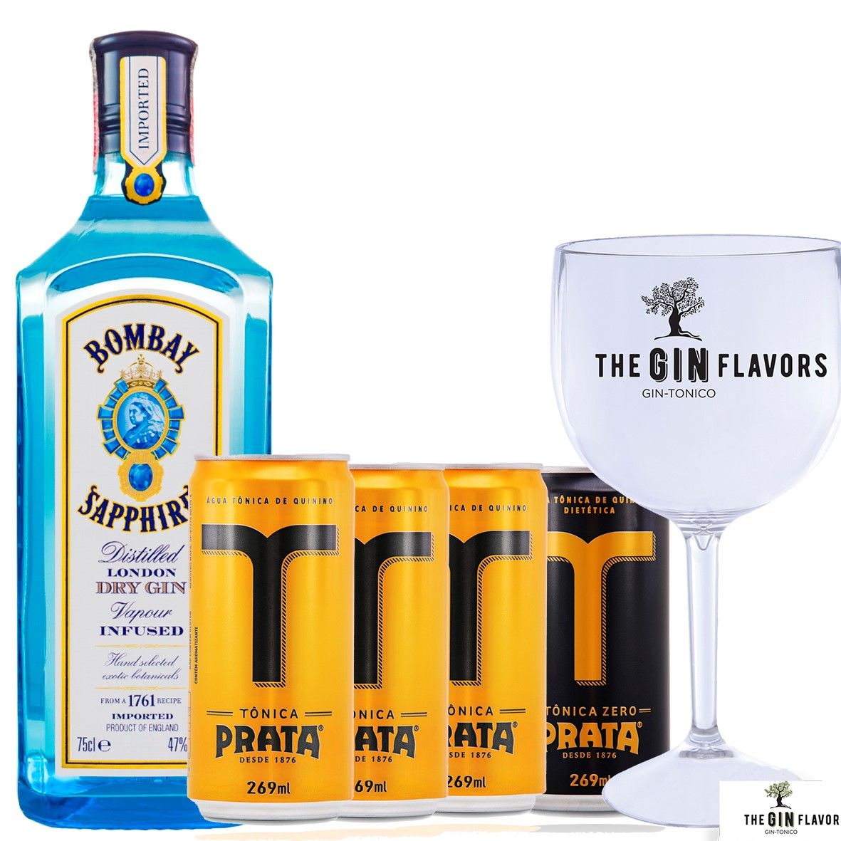 Kit Gin Tônica - Gin Bombay com Mixers Prata + Taça