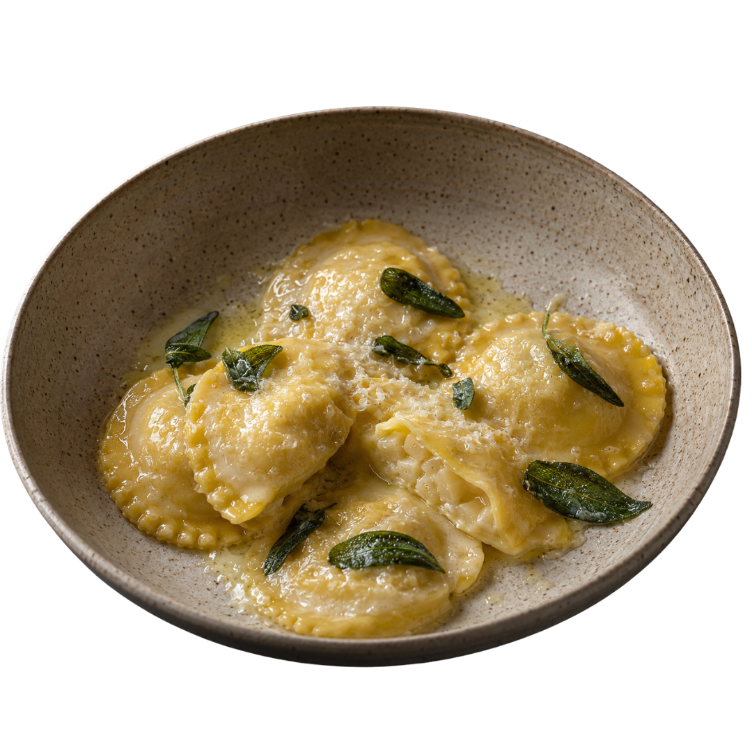 Ravioli de brie com pera, fonduta e sálvia