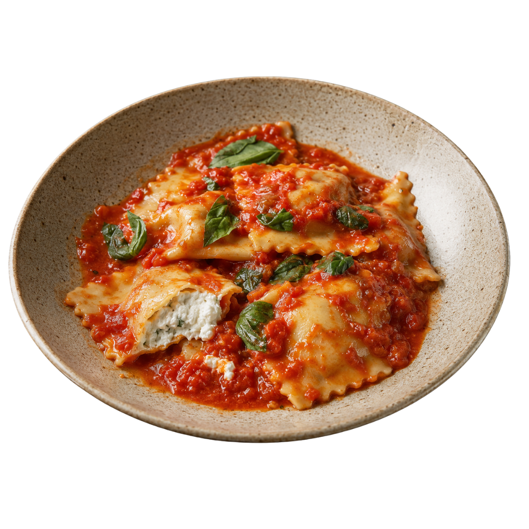 Ravioli de burrata ao pomodoro basilico