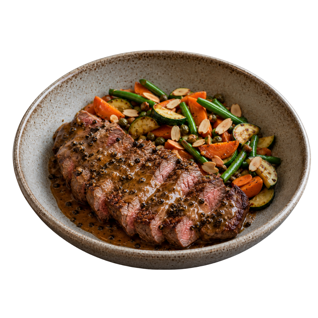 Steak au Poivre com vegetais, amêndoas e alcaparras