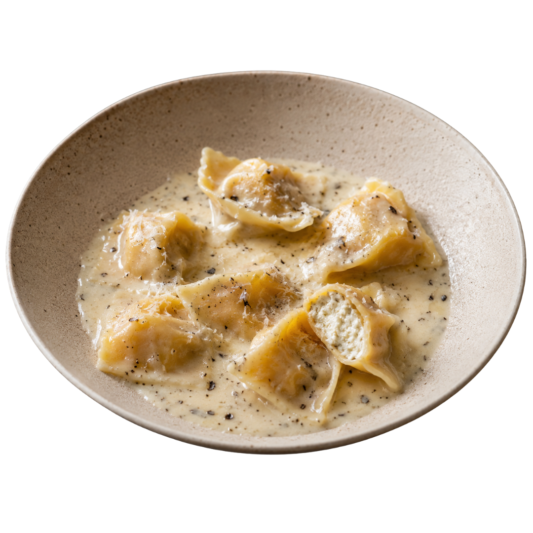 Tortelli Pecorino com ricota assada e fonduta trufada