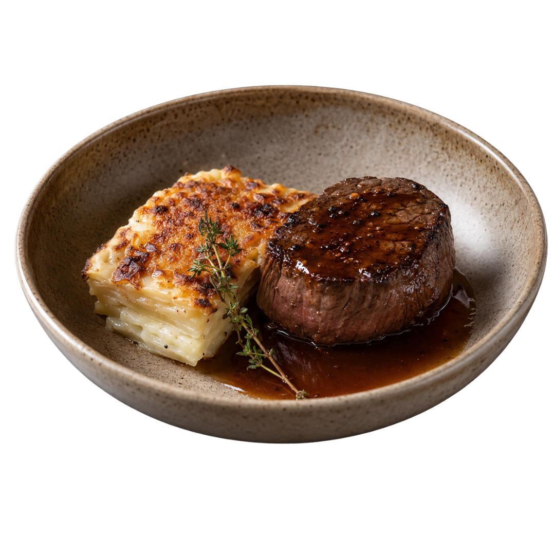 Mignon grelhado com demi-glace e gratin de batata