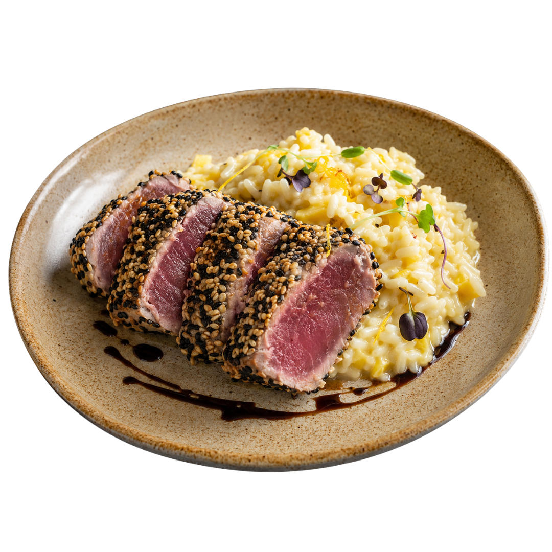 Atum em crosta de gergelim com riso de limão-siciliano