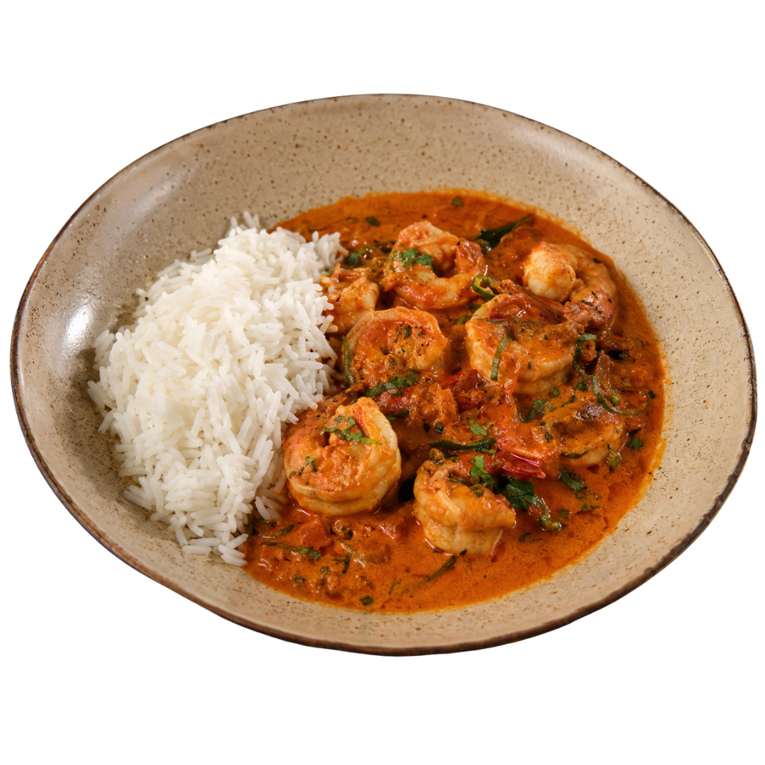 Camarão Asia Sicília com curry vermelho e arroz jasmin