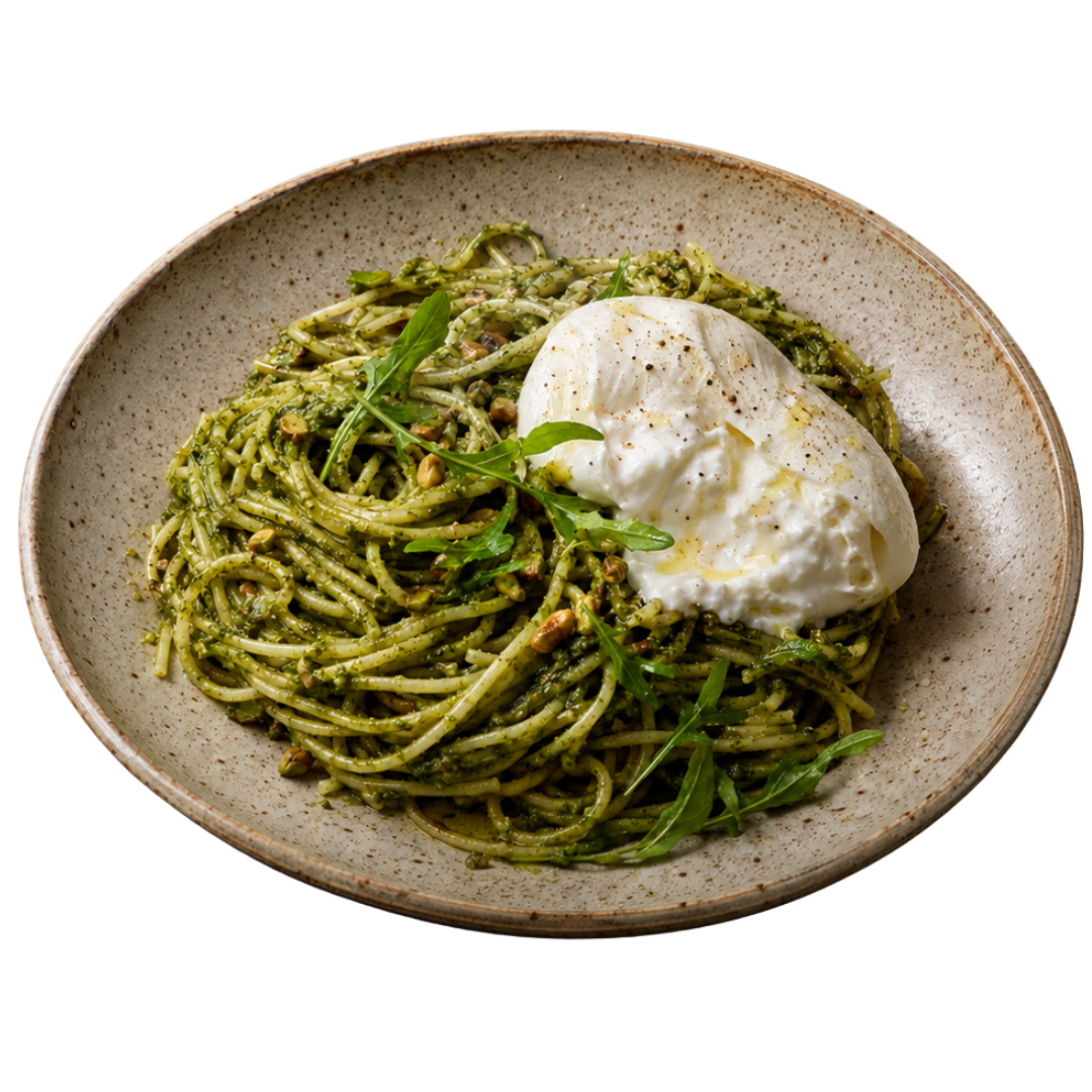 Espaguete ao pesto de rúcula com burrata