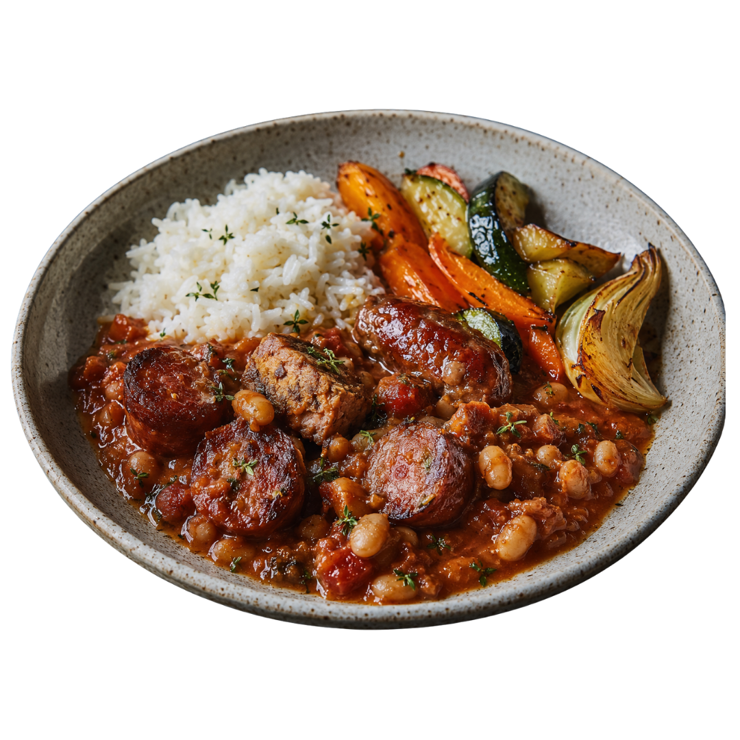 Cassoulet de embutidos artesanais com arroz e vegetais