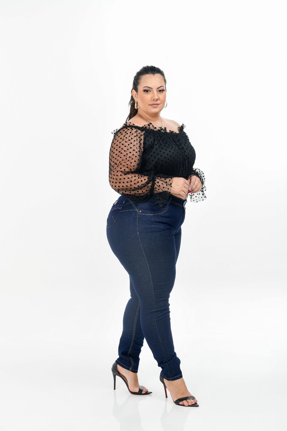 Calça Feminina Jeans Skinny Plus Size Cintura Alta Detalhe Bordado no Cós