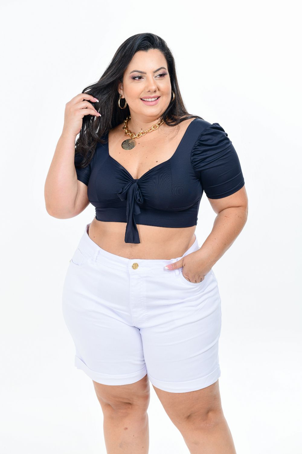 Shorts Feminino Sarja Branca Plus Size Com Lycra Cintura Alta