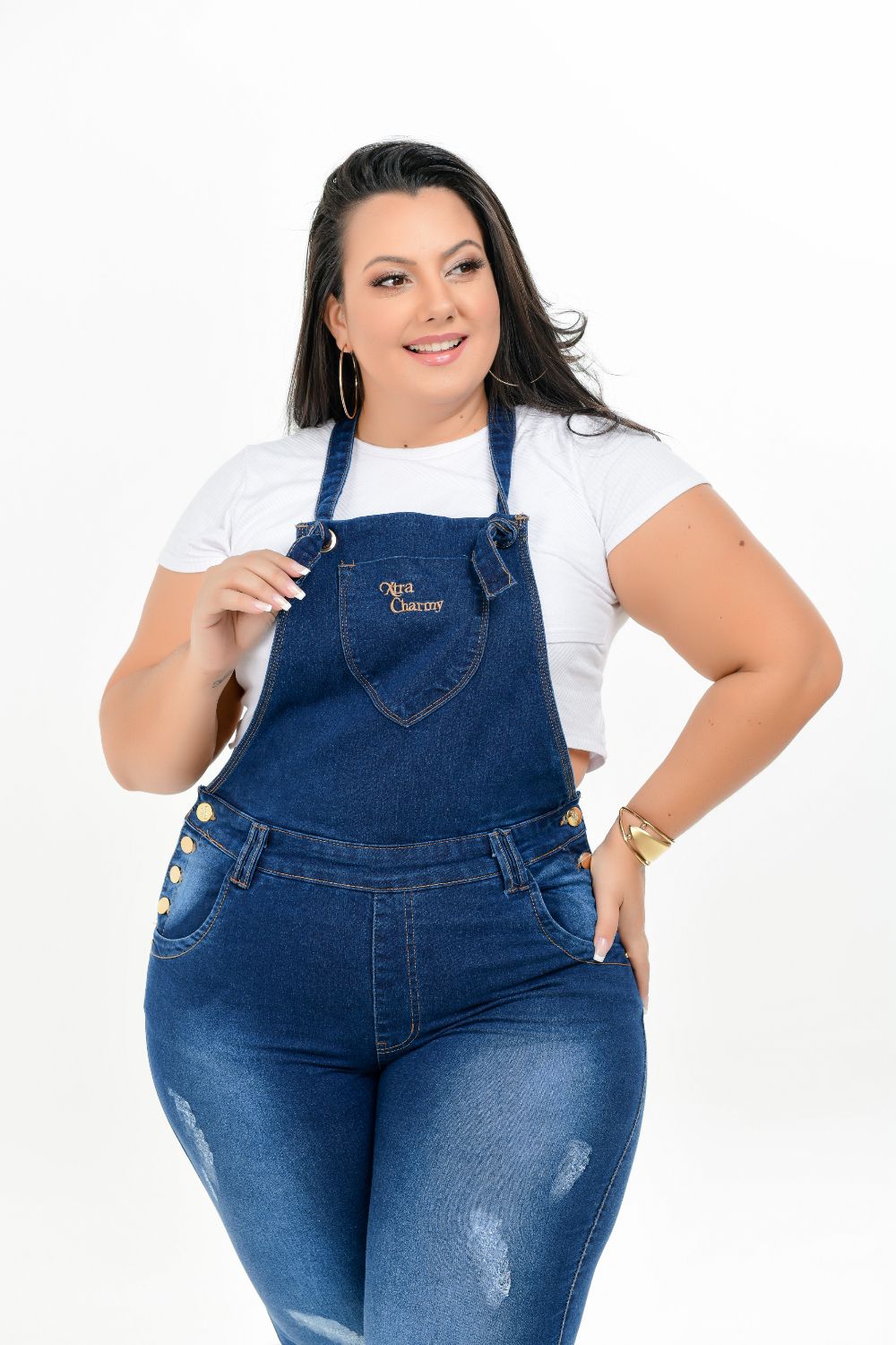 Macacão Feminino Jeans Skinny Plus Size Com Lycra Cintura Média