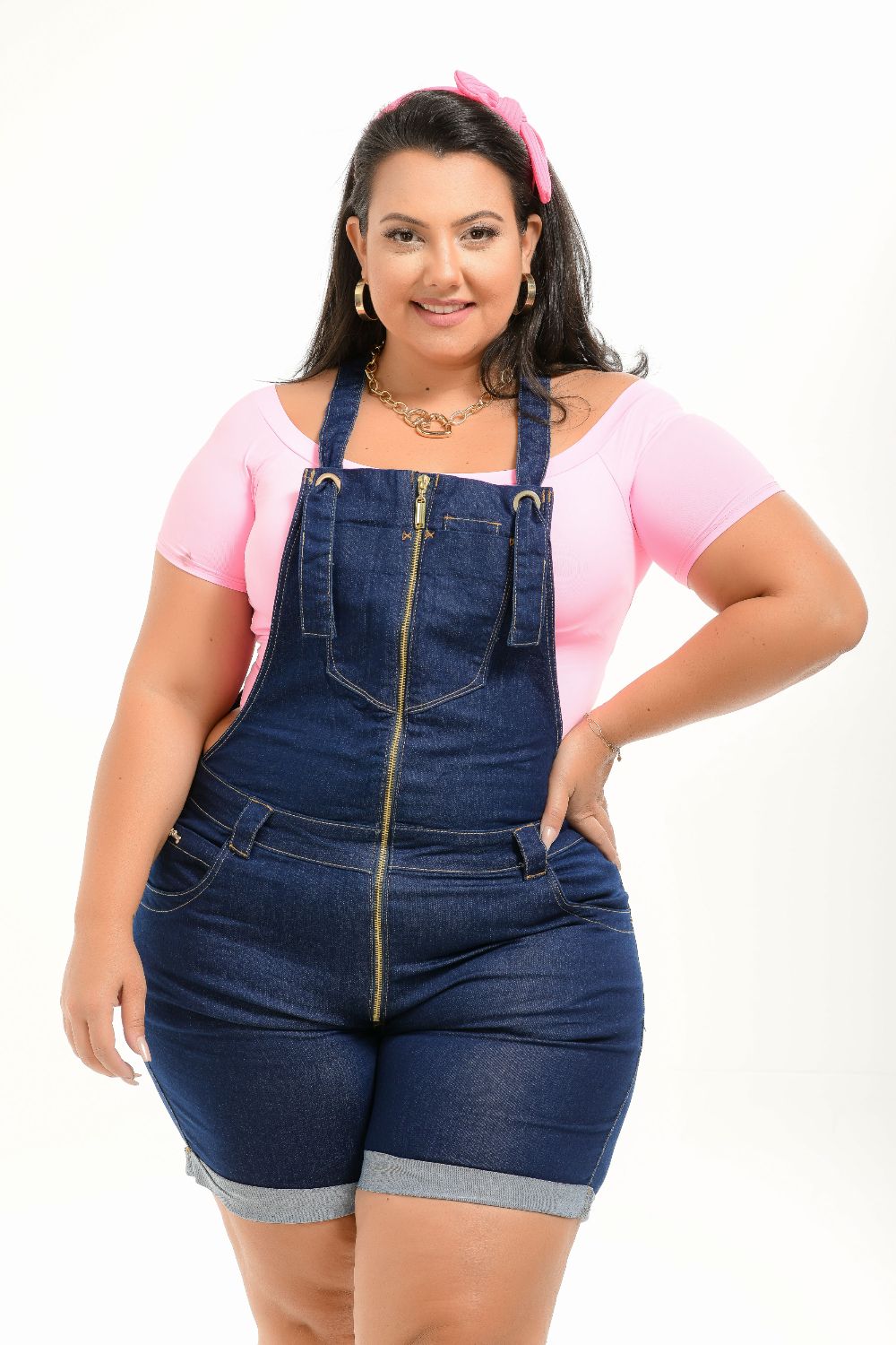 Macaquinho Feminino Jeans Plus Size Cintura Média Detalhe Zíper Frontal Xtracharmy