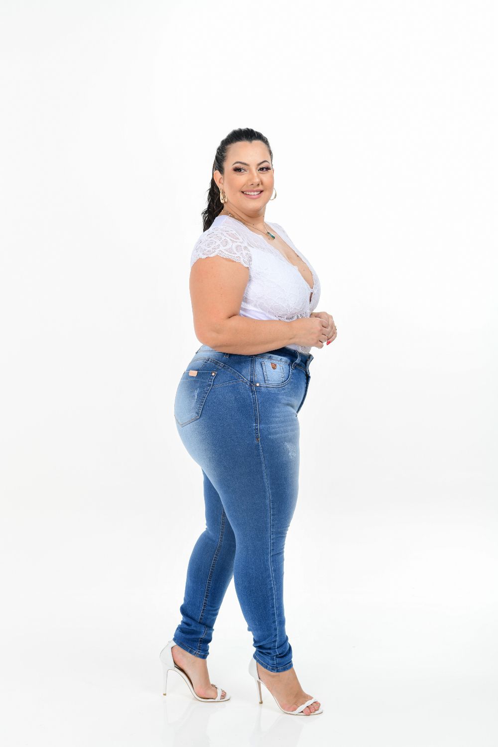 Calça Feminina Jeans Plus Size Cinta Modeladora Cintura Alta