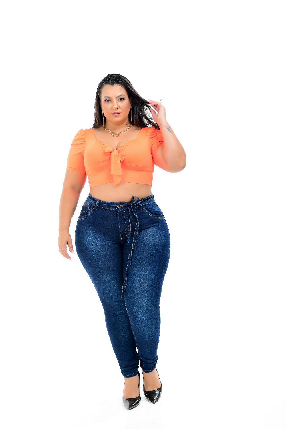 Calça Feminina Jeans Skinny Plus Size Cinto Jeans Cintura Alta Xtracharmy
