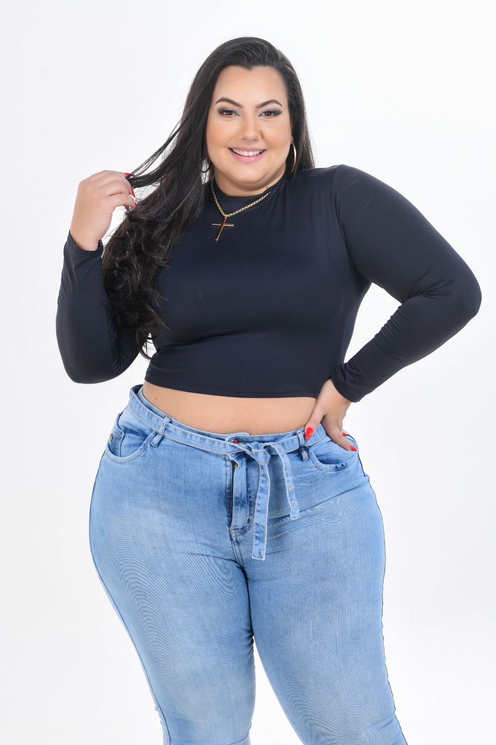 Calça Feminina Jeans Skinny Plus Size Cintura Alta com Faixa no Cós