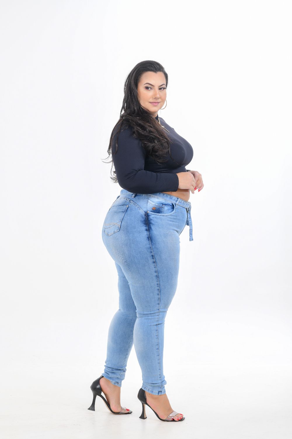 Calça Feminina Jeans Skinny Plus Size Cintura Alta com Faixa no Cós
