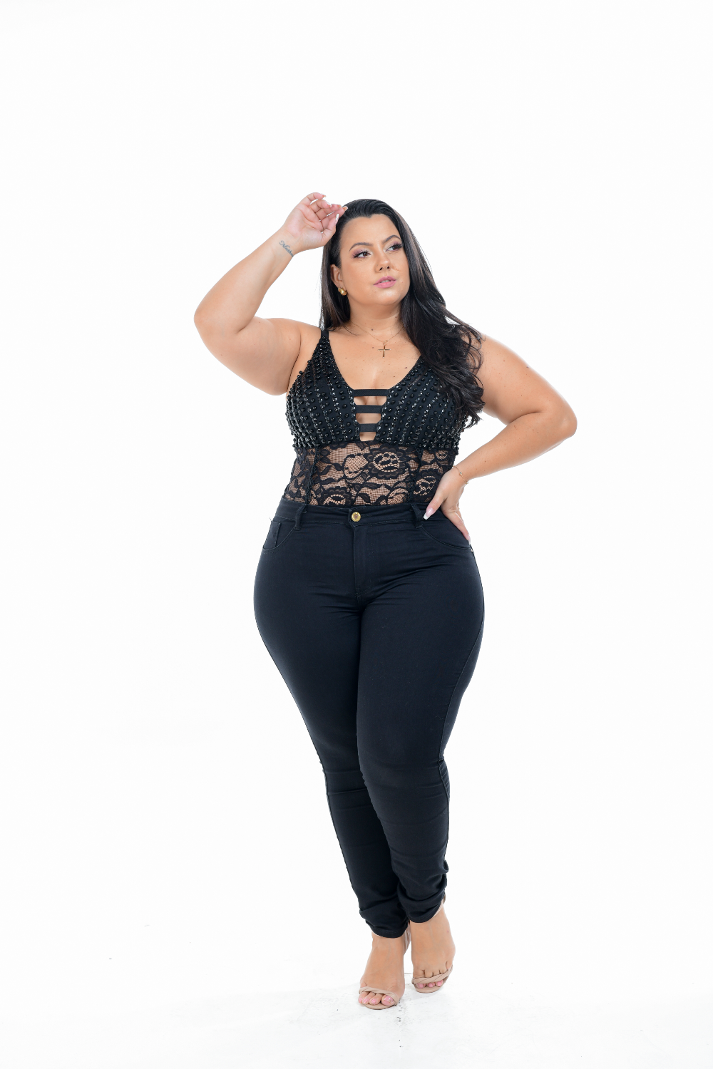 Calça Feminina Jeans Skinny Preta Plus Size Cintura Alta