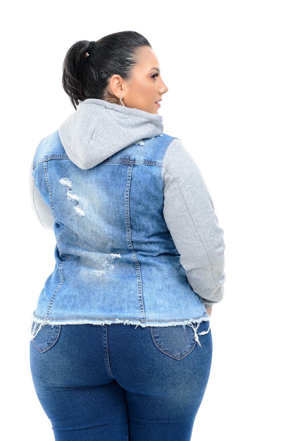 Max Jaqueta Feminina Jeans Plus Size Delavê Com Manga De Moletom