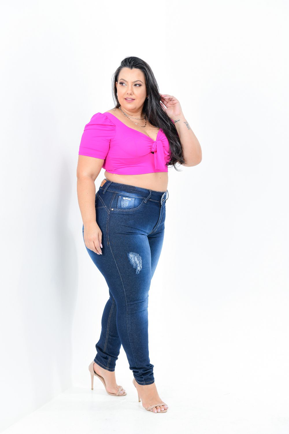 Calça Feminina Jeans Plus Size Cintura Alta Com Cinta Modeladora
