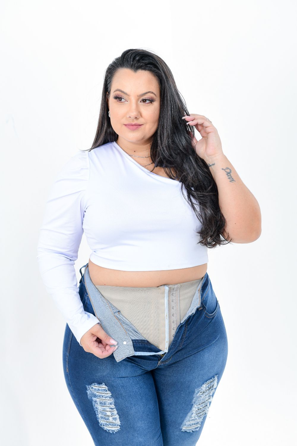 Calça Feminina Jeans Skinny Plus Size Cintura Alta Com Cinta Modeladora