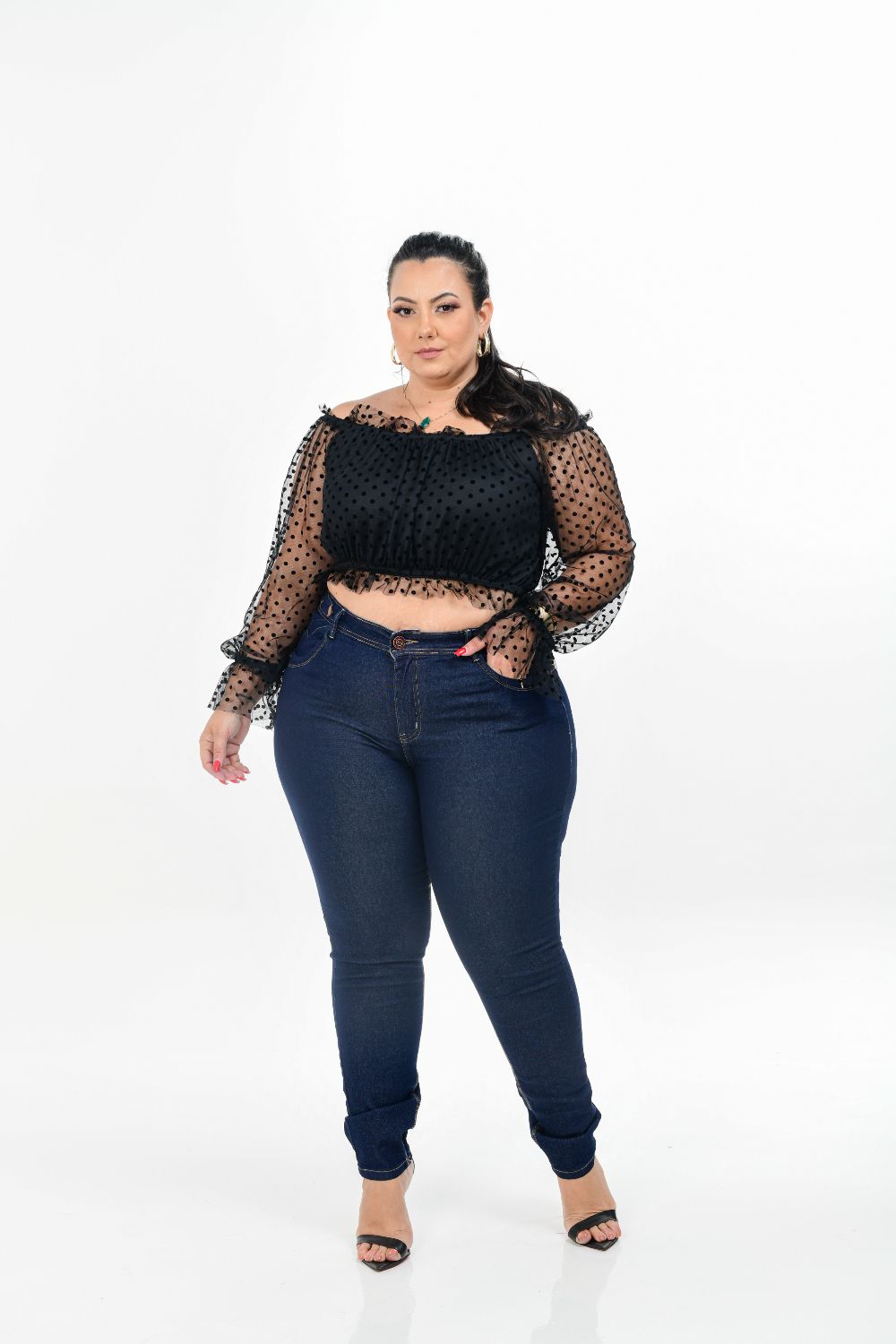 Calça Feminina Jeans Skinny Plus Size Cintura Alta Detalhe Bordado no Cós