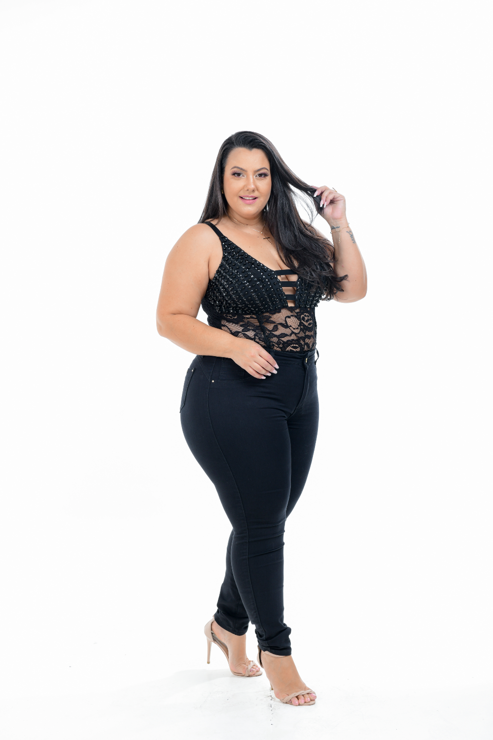 Calça Feminina Jeans Skinny Preta Plus Size Cintura Alta