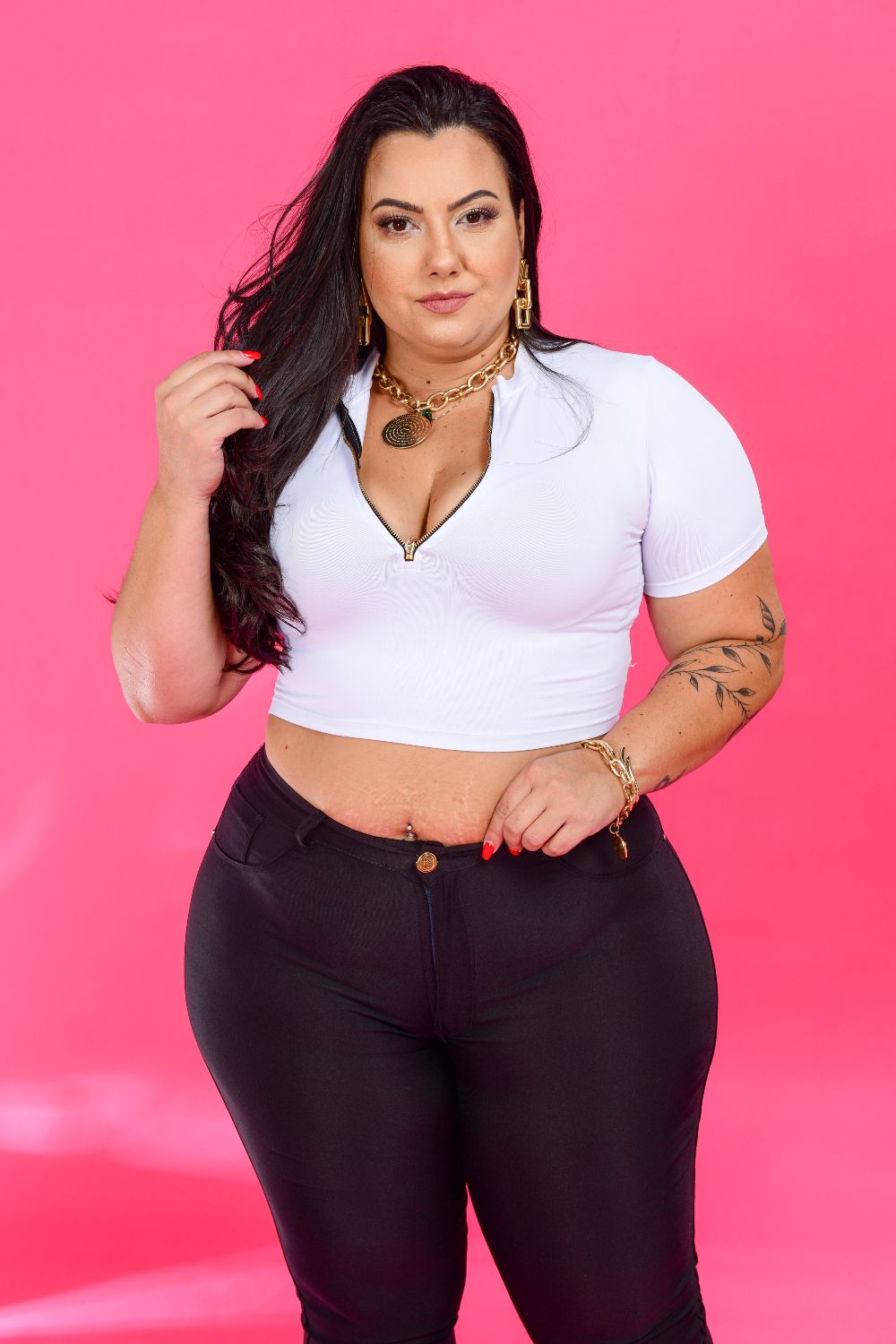 Calça Feminina Bengaline Preta Com Lycra Plus Size Cintura Média