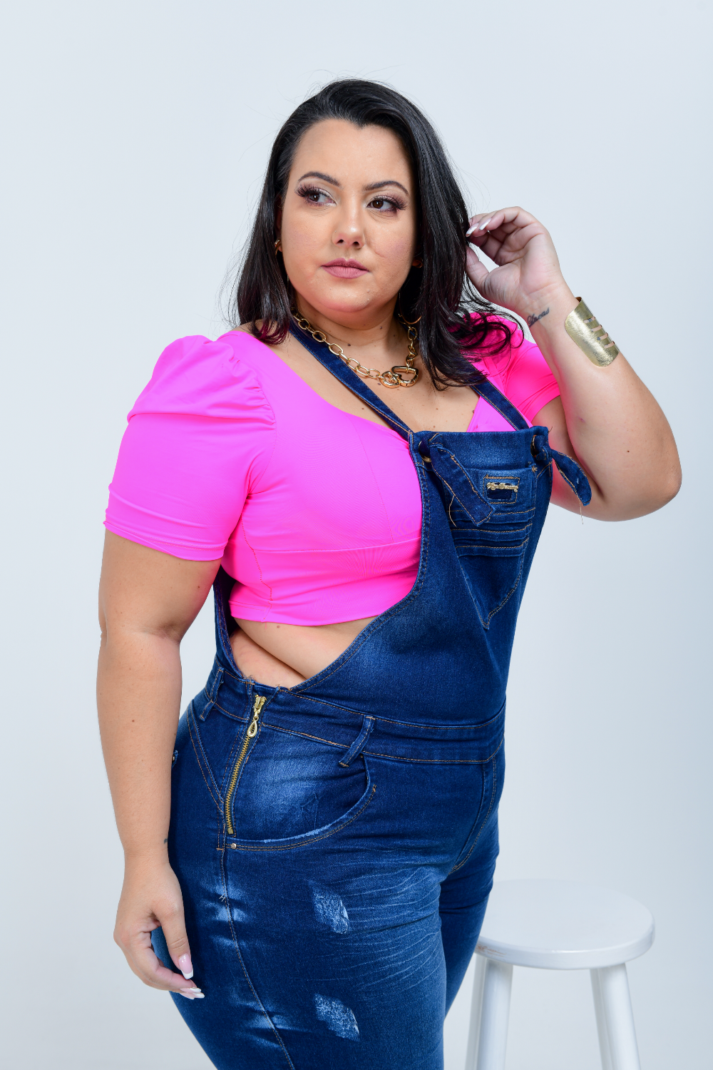 Macacão Feminino Jeans Plus Size Cintura Alta Xtracharmy