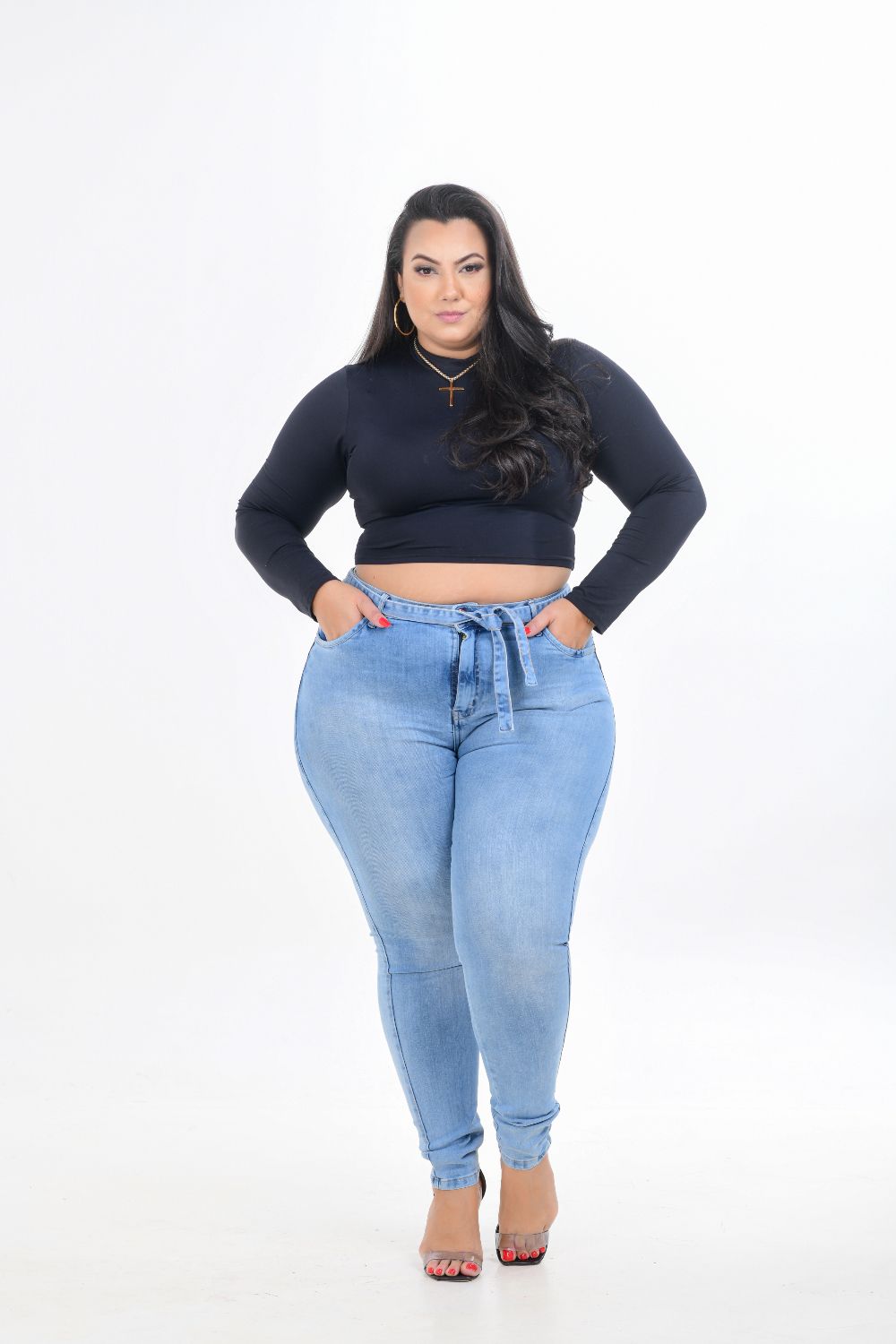 Calça Feminina Jeans Skinny Plus Size Cintura Alta com Faixa no Cós